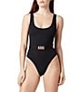 La Porte Mandy Jacquard Scoop Neck Signature Hardware Belt One Piece Swimsuit, Color:Jet Black - Image 1
