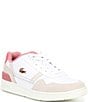Color:White/Light Pink - Image 1 - Women's T-Clip Contrasted Collar Leather Court Sneakers