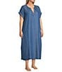 Landry Plus Size Solid Chambray Short Sleeve Split V-Neck Woven Caftan, Color:Chambray - Image 3