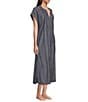 Landry Short Sleeve Split Round Neck Button Front Denim Caftan, Color:Denim - Image 3