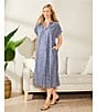 Landry Short Sleeve Split Round Neck Button Front Denim Caftan, Color:Denim - Image 6