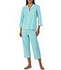 Color:Turquoise Stripe - Image 1 - 3/4 Sleeve Notch Collar Embroidered Chest Pocket Woven Striped Cropped Pajama Set