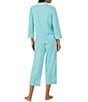 Color:Turquoise Stripe - Image 2 - 3/4 Sleeve Notch Collar Embroidered Chest Pocket Woven Striped Cropped Pajama Set