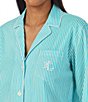 Color:Turquoise Stripe - Image 3 - 3/4 Sleeve Notch Collar Embroidered Chest Pocket Woven Striped Cropped Pajama Set