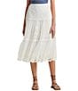 Color:White - Image 1 - Allover Eyelet Embroidered Mesh Tiered A-Line Midi Skirt