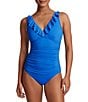 Lauren Ralph Lauren Beach Club Solids Underwire Ruffle Surplice V-Neck One Piece Swimsuit, Color:Electric Blue - Image 1