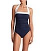 Lauren Ralph Lauren Bel Aire Shirred Contrast Trim Bandeau One Piece Swimsuit, Color:Dark Navy - Image 1