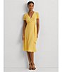 Color:Primrose Yellow - Image 4 - Belted Georgette Button Detail V-Neck Tie Waist Puff Short Sleeve A-Line Dress