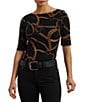 Lauren Ralph Lauren Belting Print Boat Neck Elbow Sleeve Fitted Tee, Color:Black/Tan - Image 1