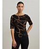 Lauren Ralph Lauren Belting Print Boat Neck Elbow Sleeve Fitted Tee, Color:Black/Tan - Image 4