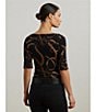 Lauren Ralph Lauren Belting Print Boat Neck Elbow Sleeve Fitted Tee, Color:Black/Tan - Image 5