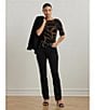 Lauren Ralph Lauren Belting Print Boat Neck Elbow Sleeve Fitted Tee, Color:Black/Tan - Image 6