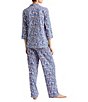 Color:Blue Floral - Image 2 - Blue Floral Print 3/4 Sleeve Notch Collar Long Knit Pajama Set