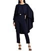 Color:Navy - Image 1 - Boat Neck Sleeveless Belted Cape Jumpsuit