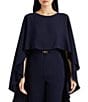 Color:Navy - Image 3 - Boat Neck Sleeveless Belted Cape Jumpsuit