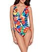 Color:Multi - Image 1 - Bold Abstract Floral Print Shirred Side Tie Tank One Piece Swimsuit