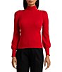 Color:Martin Red - Image 1 - Button Trim Mock Neck Long Puffed Sleeve Sweater