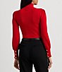 Color:Martin Red - Image 2 - Button Trim Mock Neck Long Puffed Sleeve Sweater