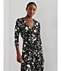 Color:Black - Image 5 - Carlyna Floral Jersey Surplice 3/4 Sleeve Tie Waist Midi Dress