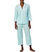 Color:Turquoise/Print - Image 1 - Checkered Print 3/4 Sleeve Notch Collar Woven Pajama Set