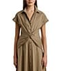 Lauren Ralph Lauren Cotton Blend Twist-Front Point Collar Neck Short Sleeve Button Front Shirt Midi Dress, Color:Tan - Image 3