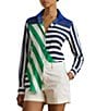 Lauren Ralph Lauren Crepe de Chine Color Block Stripe Point Collar Long Sleeve Button Front Shirt, Color:Navy/White/Green - Image 1