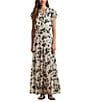 Lauren Ralph Lauren Crinkle Georgette Floral Print V-Neck Cap Sleeve Maxi A-Line Dress, Color:Cream/Black - Image 1