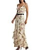 Color:White Multi - Image 1 - Crinkle Georgette Floral Print V-Neck Sleeveless Ruffle Gown