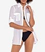 Color:White - Image 1 - Crushed Cotton Short Sleeve Swim Cover-Up Camp Shirt