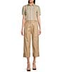 Color:Tan - Image 3 - Double Faced Stretch Cotton High Rise Wide Leg Pleat Front Roll Cuff Cropped Pants
