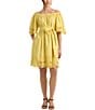 Color:Primrose Yellow - Image 1 - Eyelet Cotton Off-the-Shoulder Dress