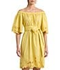 Color:Primrose Yellow - Image 3 - Eyelet Cotton Off-the-Shoulder Dress