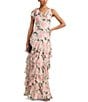 Color:Cream/Pink/Multi - Image 1 - Floral Crinkle Georgette Cowl Neck Sleeveless Tiered Gown