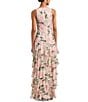 Color:Cream/Pink/Multi - Image 2 - Floral Crinkle Georgette Cowl Neck Sleeveless Tiered Gown