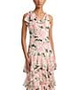Color:Cream/Pink/Multi - Image 3 - Floral Crinkle Georgette Cowl Neck Sleeveless Tiered Gown