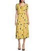Color:Yellow - Image 1 - Floral Georgette Square Neck Short Puff Sleeve Tiered Midi Dress
