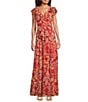 Lauren Ralph Lauren Floral Print Crinkle Georgette V-Neck Ruffle Trim A-Line Maxi Dress, Color:Red Multi - Image 1