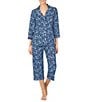 Color:Navy/Print - Image 1 - Floral Print 3/4 Sleeve Notch Collar Knit Capri Pajama Set