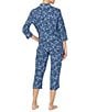 Color:Navy/Print - Image 2 - Floral Print 3/4 Sleeve Notch Collar Knit Capri Pajama Set