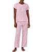 Color:Pink Floral - Image 1 - Floral Print Short Sleeve Button Crew Neck Ankle Pant Pajama Set