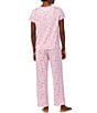 Color:Pink Floral - Image 2 - Floral Print Short Sleeve Button Crew Neck Ankle Pant Pajama Set