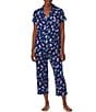 Color:Navy Print - Image 1 - Floral Print Short Sleeve Notch Collar Capri Jersey Knit Pant Pajama Set
