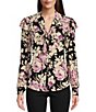 Color:Black/Lavender/Cream - Image 1 - Floral Print Tie V-Neck Long Puffed Sleeve Stretch Jersey Ruffle Trim Top