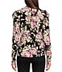 Color:Black/Lavender/Cream - Image 2 - Floral Print Tie V-Neck Long Puffed Sleeve Stretch Jersey Ruffle Trim Top