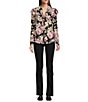 Color:Black/Lavender/Cream - Image 3 - Floral Print Tie V-Neck Long Puffed Sleeve Stretch Jersey Ruffle Trim Top