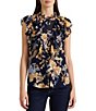 Color:Navy Multi - Image 1 - Floral Ruffle Trimmed Band Collar Sleeveless Shirt