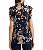 Color:Navy Multi - Image 2 - Floral Ruffle Trimmed Band Collar Sleeveless Shirt