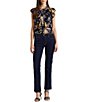 Color:Navy Multi - Image 3 - Floral Ruffle Trimmed Band Collar Sleeveless Shirt