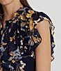 Color:Navy Multi - Image 6 - Floral Ruffle Trimmed Band Collar Sleeveless Shirt