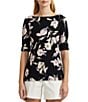 Color:Black/Cream Multi - Image 1 - Floral Stretch Cotton Slim Fit Boat Neck Tee Shirt